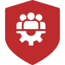 Red shield with people and gear icon.